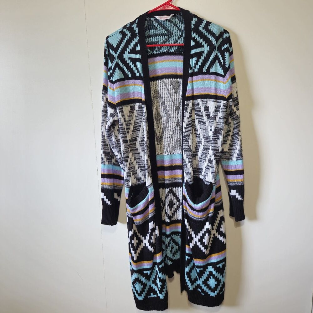 No Boundaries Tribal Aztec Cardigan XL Open Front Knit Sweater Pockets